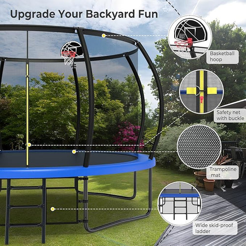 10 12 14 15 16FT Outdoor Trampolines for Kids and Adults, Pumpkin Trampoline with Curved Poles, Recreational Trampoline with Basketball Hoop and Safety Enclosure Net for Kids and Adults