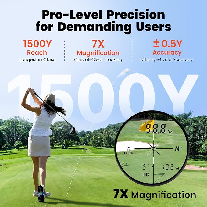 Golf Laser Rangefinder with Slope, 1500Y Range Finder, 0.3s Flagpole Locking Vibration, 7X Magnification, Magnet Stripe, 85% Transmission Lens for Golfing/Hunting, Golf Accessories for Men