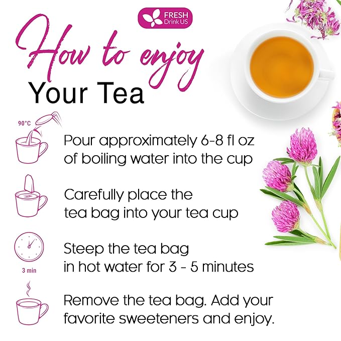 FreshDrinkUS, Premium Red Clover Herbal Tea– 55 Tea Bags – Pure – Naturally Smooth & Mild Flavor – Premium Quality, Eco-Conscious Packaging. Caffeine-Free. Gluten Free. Vegan