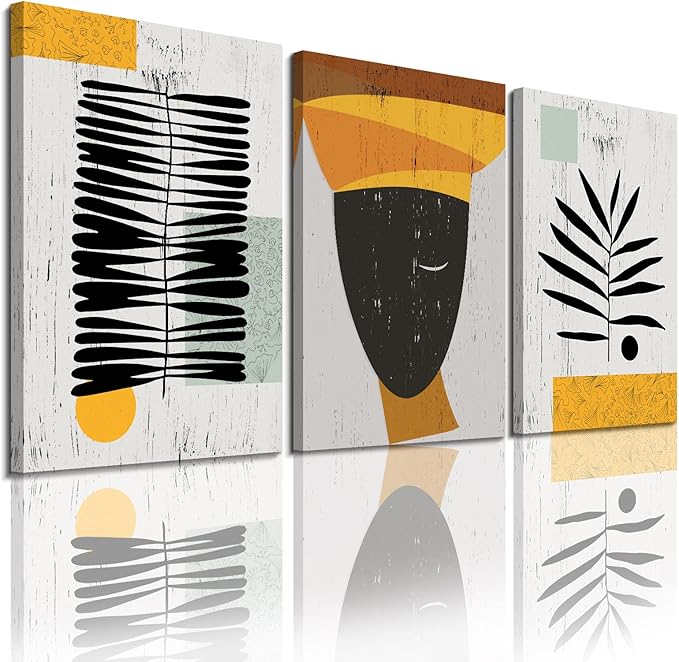 Framed Canvas Wall Art African Ethno Motive Wall Art Set, Abstract Ethno Art, African American Woman Portrait, Black Orange Print, Contemporary Collage, Minimalist (A-3pcs,16x24inchx3pcs)