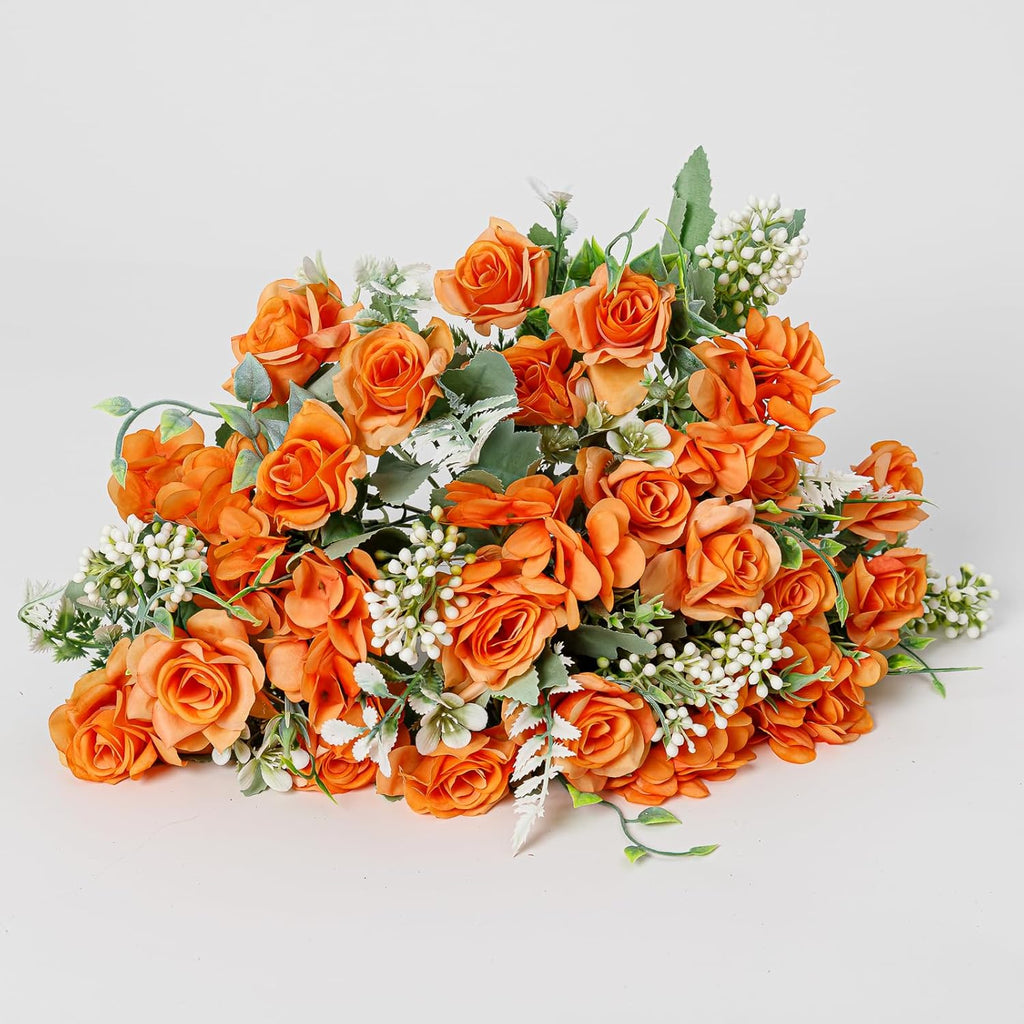 Artificial Flower 5 Branches Artificial Silk Fake Flowers Bouquet Small Roses for Wedding Home Office Tables Decor 4 Packs(Orange)