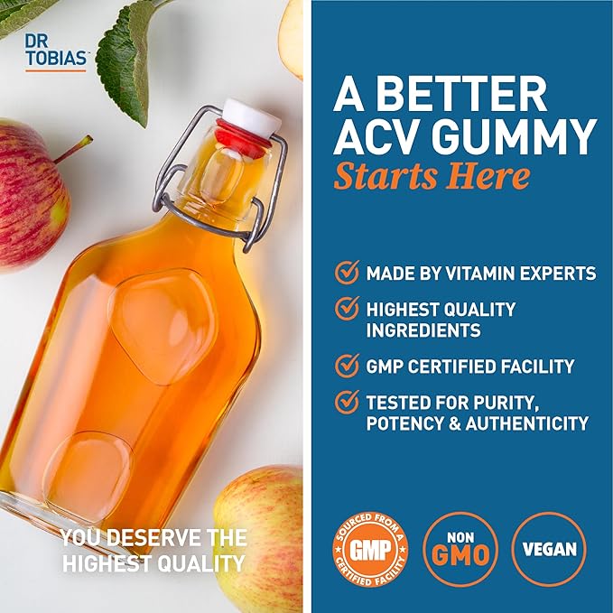 Dr. Tobias Apple Cider Vinegar Gummies, Includes 500 mg Apple Cider Vinegar with Mother, Folate, B12 & Iodine, Supports Gut Health, Cleanse & Detox, Vegan, Gluten-Free, 120 Gummies