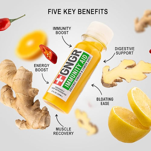 '+GNGR Immunity Aid Organic Ginger and Lemon Shot - Cold Pressed Ginger Shots with Echinacea, Lemon Juice, Honey, Zinc & Vitamin D3, Immune & Digestive Support (2 Oz, Pack of 12)