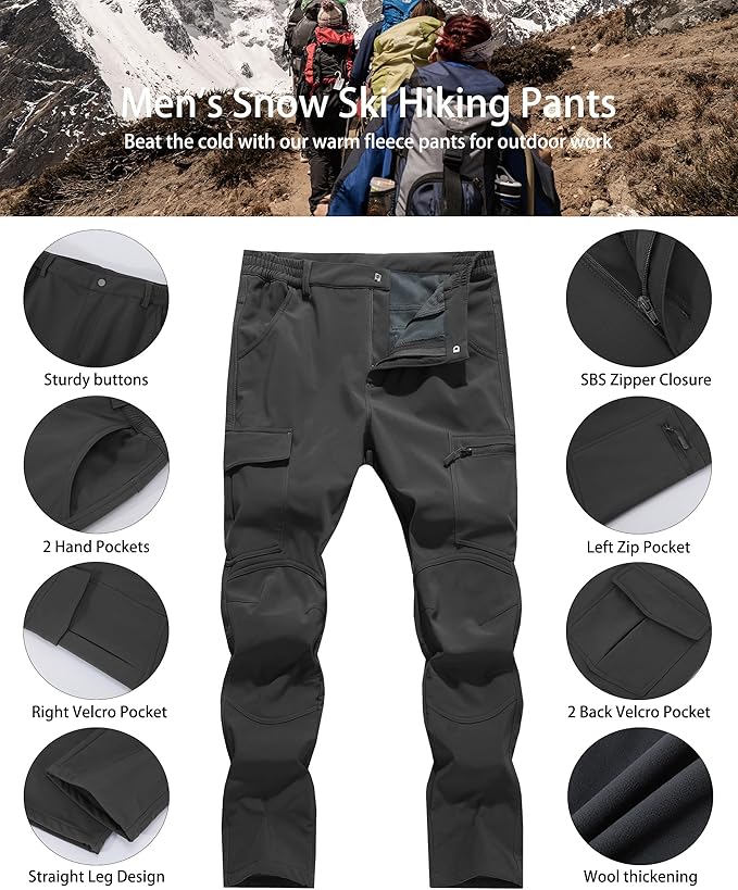 Men's Snow Ski Hiking Pants Winter Fleece Lined Softshell Outdoor Waterproof Insulated Cargo Work Pants