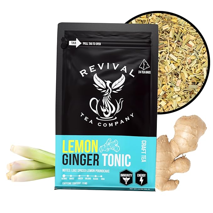 Revival Tea Company Lemon Ginger Tonic - Caffeine Free Tea Blend with Lemongrass and - Loose Leaf 5 Ounces