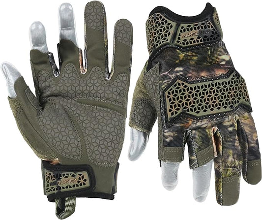 HANDLANDY Fingerless Framer Work Gloves for Men, Utility Grip Paded Gloves for Tactical Shooting Airsoft Hunting Driving (Camo- 3 Fingerless, Medium (Pack of 1))