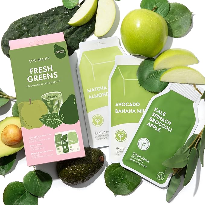 ESW Beauty Fresh Greens Superfood Set – Antioxidant-Rich Face Masks with Apple, Kale, & Broccoli – Includes Matcha Almond, Green Reset & Avocado Banana – Vegan, Clean Beauty for Glowing Skin