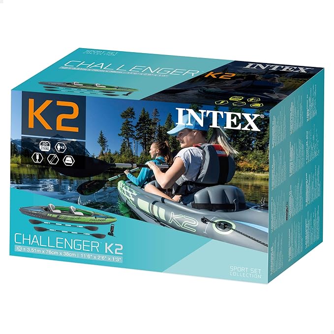 INTEX Challenger Inflatable Kayak Series: Includes Deluxe 86in Kayak Paddles and High-Output Pump – SuperStrong PVC – Adjustable Seat with Backrest – Removable Skeg – Cargo Storage Net