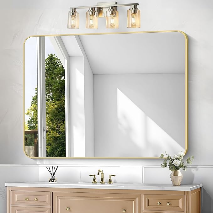 Gold Bathroom Mirror,36x48 inch Wall Mirror for Bathroom Wall Mounted,Round Rectangle Mirror for Bathroom Over Sink,Modern Frame for Home Decor Living Room,Bedroom Entryway,Horizontal/Vertical