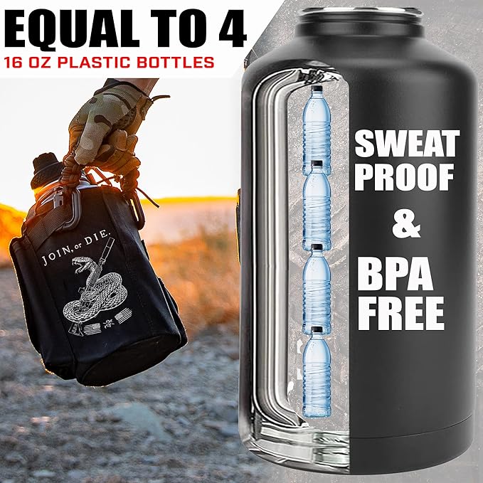 Iron Infidel Battle Bottle - Half Gallon Insulated Water Bottle with Paracord Handle, Large 64 oz Stainless Steel Water Jug with Rugged, Removable Sleeve for Keys, Wallet & Phone (Join or Die 2 Liter)