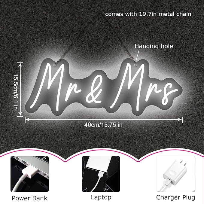 Mr and Mrs Neon Sign for Wedding Dimmable Mr Mrs Neon Signs Led Neon Sign for Party Neon Light Sign Mr & Mrs Sign for Anniversary Valentine's Day Wall Decor Gift 16.54 "X4.72"