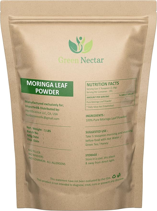 Moringa Oleifera Raw Leaf Premium Powder 16 Ounces (1 lb), Pure Tender Leaves (Pack of 2)