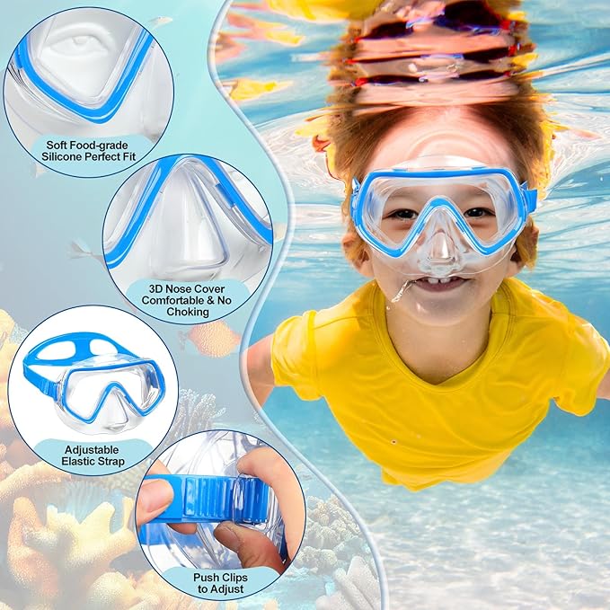 Hoolerry 4 Pcs Kids Nose Goggles Swim Goggles with Nose Cover for 3-8 Tempered Glass Snorkel Dive Mask Anti Fog with Elastic Strap No Leak Swimming Mask for Summer Diving Snorkeling