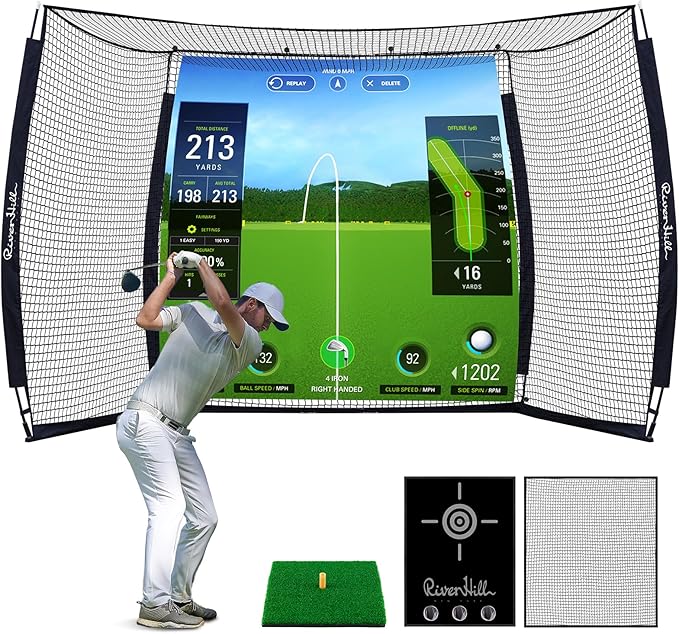 Golf Cage with Impact Screen, 10x8 Ft Golf Hitting Net w/Sound-Dampening Cloth, Practice Mat, Golf Simulator Enclosure, Indoor & Outdoor Driving Chipping Equipment for Home, Backyard & Garage
