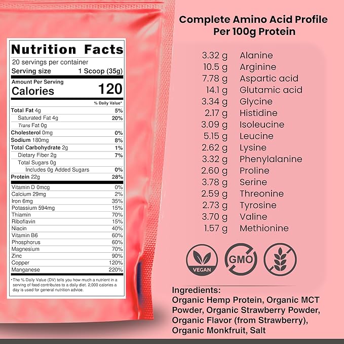 Organic Hemp Protein, Vegan Protein Powder, Clean Plant Based Protein Powder, Non Dairy Protein, Lactose Free Natural Protein, Gluten Free- 20 Servings, Strawberry