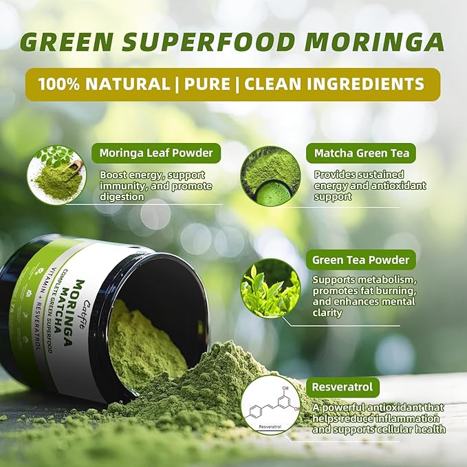 Matcha Moringa Powder – Superfood Blend with Green Tea & Resveratrol, Energy & Focus Support, Immune & Antioxidant Defense, Vegan, Gluten-Free, 8oz