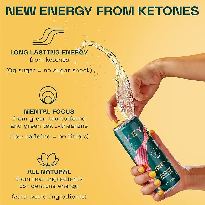 KEY Ketone Energy Drink : Sugar Free, 80mg Low Caffeine, All Natural, 11.5g Ketones, Long Lasting Energy, Green Tea & L-Theanine for Mental Focus, Pineapple Passionfruit (Pack of 12)