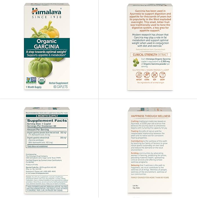 Himalaya Organic Garcinia Cambogia Herbal Supplement, Appetite Support, Lipid Metabolism, Weight Support, USDA Organic, Non-GMO, Vegan, 600 mg, 60 Plant-Based Caplets, 2 Pack