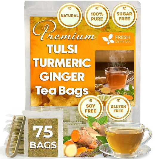 FreshDrinkUS, Premium 75 Tulsi Turmeric Ginger Tea Bags, 100% Natural & Pure from Tulsi Holy Basil Leaves, Turmeric and Ginger. Made with Natural Material Tea Bags. No Sugar, No Caffeine, Vegan.