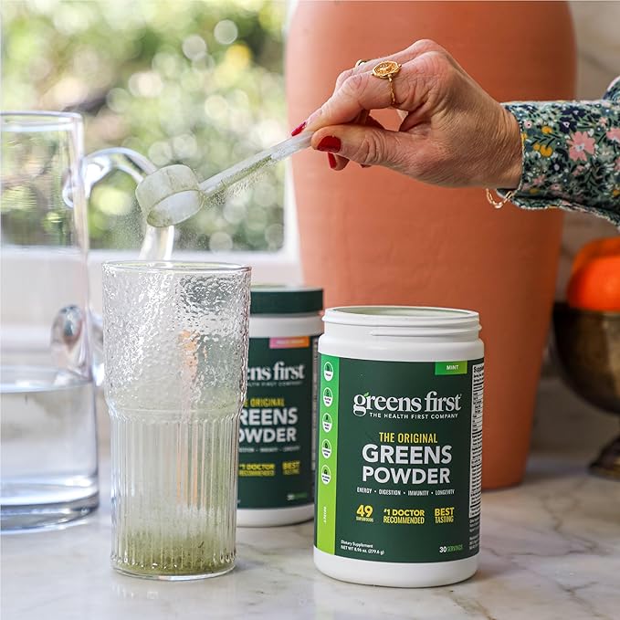Greens First Original Greens Powder - 49 Superfoods - Organic Fruits & Veggies - Prebiotics, Probiotics & Digestive Enzymes - Antioxidant Smoothie - Dairy Free/Vegan/Non-GMO (Peach Mango, 60 Servings)
