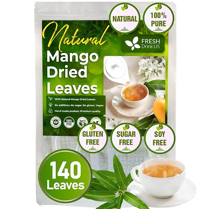 FreshDrinkUS, Premium 140+ Mango Whole Leaves Dried, 100% Natural & Pure from Dried Mango Leaves, Mango Leaf Tea, No Additives, No Caffeine, Vegan