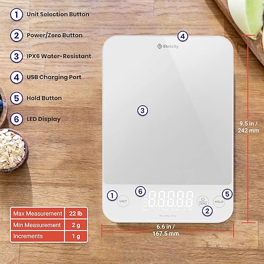 Etekcity Food Kitchen Scale, 22lb Digital Weight Scale Grams and Ounces Rechargeable Waterproof Tool for Weight Loss, Cooking, Baking, Meat, Bread, Large 0.05oz/1g Accuracy