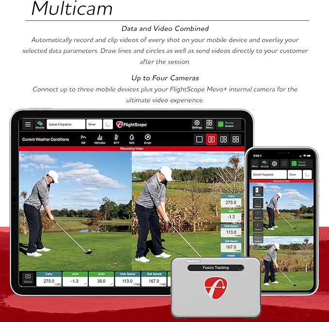 FlightScope Mevo+ GPS Launch Monitor and Golf Simulator | 20+ Swing Data Parameters with Multicam, 12 E6 Courses, 17 Practice Ranges and Games - for Indoor & Outdoor Use | Works with iOS and PC