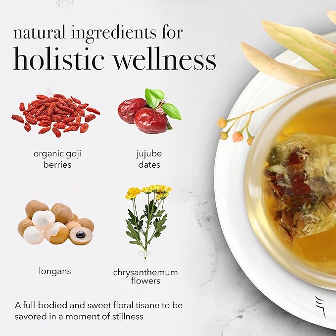 qìsane Chrysanthemum Tea Bags with Organic Dried Goji Berries - Dried Chrysanthemum Flowers, Dried Longan Fruit & Jujube Dates - Herbal Tea to Support Calmness & Well-Being - 10 sachets (~30 cups)