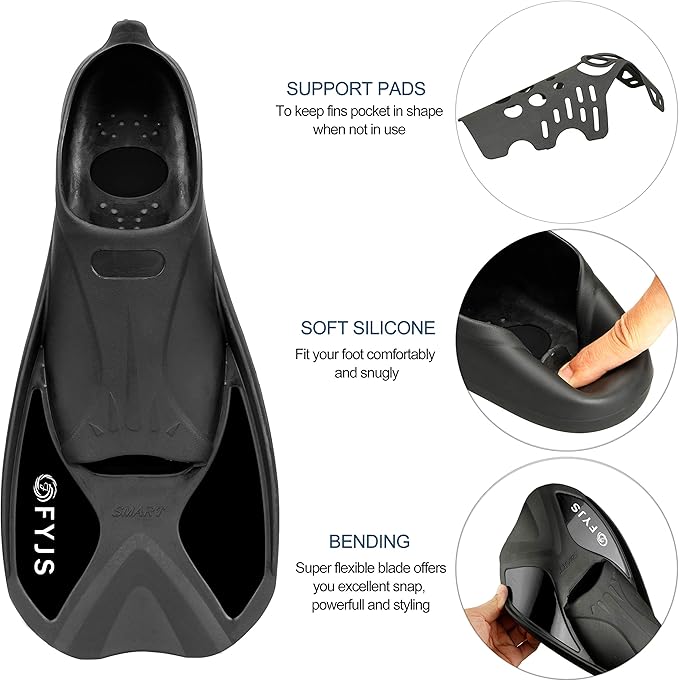 FYJS Short Swim Fins with Comfortable Full Foot Pocket Travel-Size for Snorkeling and Scuba Diving