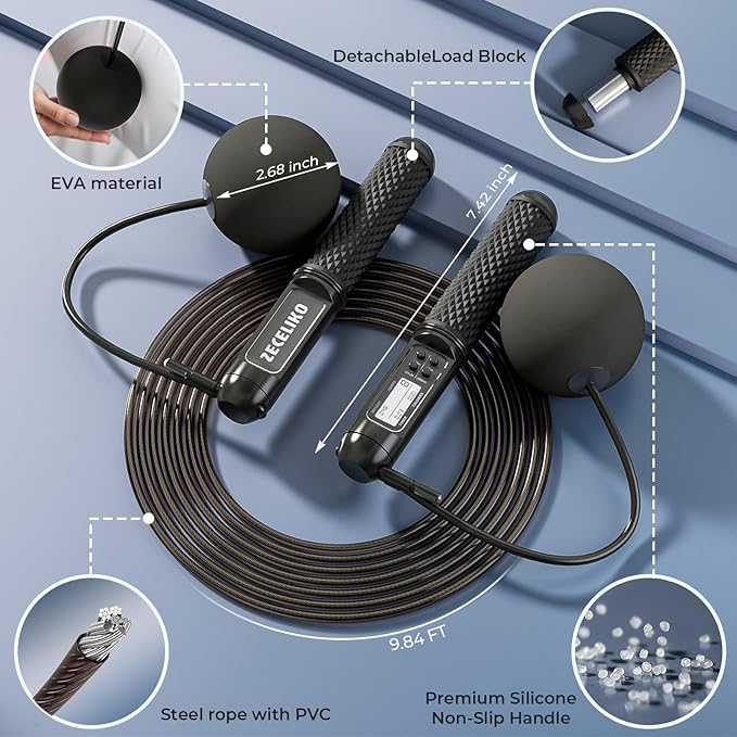 Smart Jump Rope with LED Display and Jump Counter, Weighted Cordless Design for Home Gym & HIIT, Adjustable Steel Wire for Fitness, Tracks Jumps, Calories & Time, for Men, Women & Kids