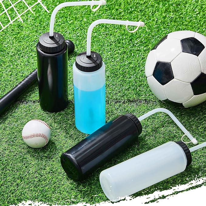 Domensi 4 Pack 1 Liter Sports Water Bottle W/long Straw Hockey Lacrosse Water Bottle with Straw Bpa Free Squeeze Plastic Use Sport Helmet in Football Baseball Gym(Black/translucent,Classic)