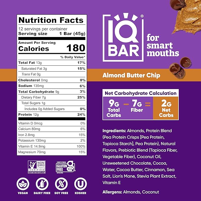 IQBAR Brain and Body Plant Protein Bars - Almond Butter Chip - 24-Count Low Carb - Gluten Free, High Fiber, Vegan Snacks - Low Sugar Meal Replacement