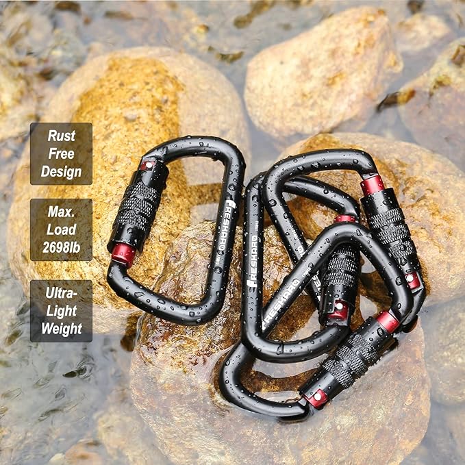 FresKaro 3inch 12kN-2698lbs Auto Locking Carabiner Clips, Solid D Shape, Heavy Duty 7075 Aluminum, Lightweight 1.09oz, Rust Proof, for Hammock, Hiking, Dog Leash, Keychain etc., Multi-Colors