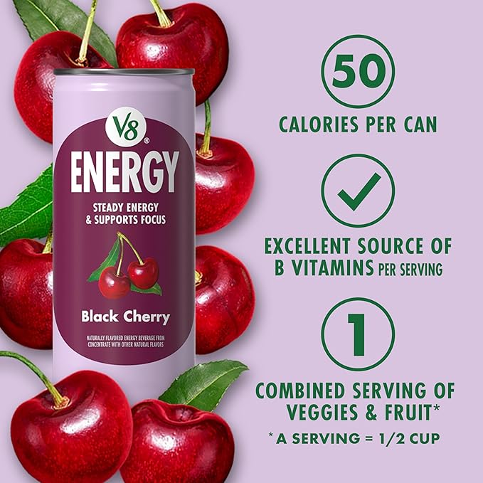 V8 Energy Black Cherry Energy Drink, 8 fl oz Can (6 Pack)
