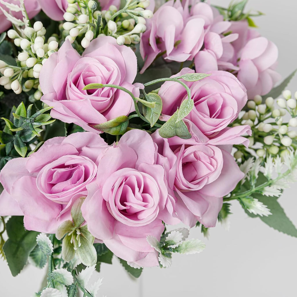 Artificial Flower 5 Branches Artificial Silk Fake Flowers Bouquet Small Roses for Wedding Home Office Tables Decor 4 Packs(Light Purple)