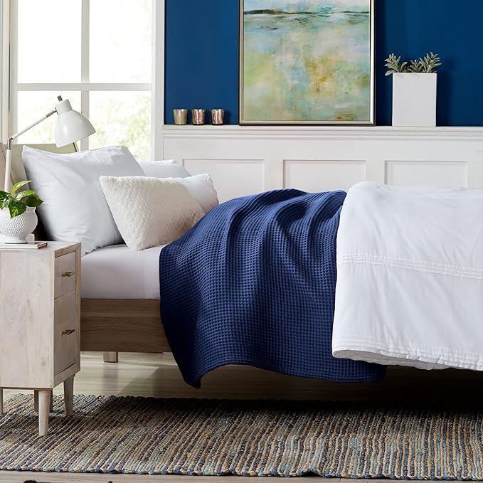 100% Cotton Waffle Weave Bed Blanket | Soft, Breathable, and Lightweight Blanket for All-Season | Perfect for Layering | Brielle Collection (King, Navy)