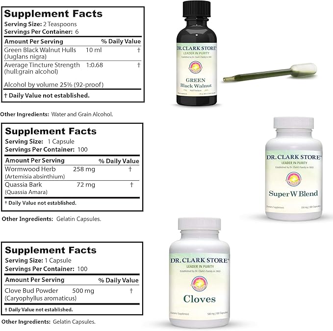 Dr Clark Store Intestine Support & Cleanse Kit - with Original Green Tincture from Black Walnut Hulls, Wormwood, and Cloves-Helps Maintain Optimum Intestinal Function