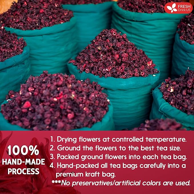 FRESHDRINKUS 115 Hibiscus Flowers Tea Bags, 100 Percent Natural, Pure from Hibiscus Flowers. Loose Flower Hibiscus Herbal Tea. Hibiscus Flower Tea. No Sugar, No Caffeine, No Gluten, Vegan.