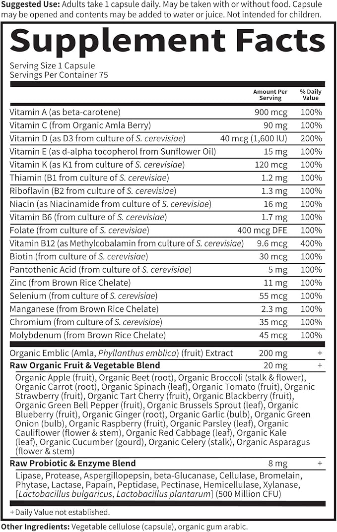 Garden of Life Vitamin Code Raw One for Men, Once Daily Multivitamin, 75 Capsules, One a Day Mens Vitamins Plus Fruit, Veggies & Probiotics for Mens Health, Vegetarian Multivitamins