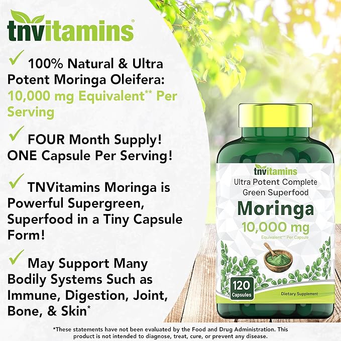 Moringa Capsules 10,000 mg - 120 Capsules | Pure Moringa Oleifera Leaf Powder Supplement | Powerful Green Superfood | Super Greens Powder Pills | Non-GMO, Made in The USA!