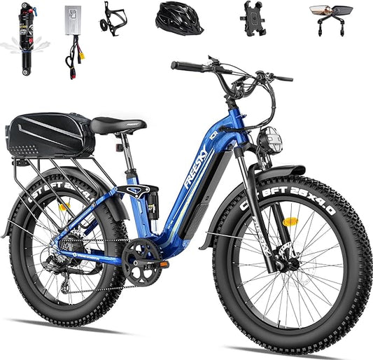 FREESKY Electric Bike for Adults,105mile Long Range Ebike, 2000W Motor 37MPH Fast Step-Thru E Bike 25Ah Samsung Cells Battery Full Suspension Electric Dirt Bicycle 26'' Fat Tire for Commuter Mountains
