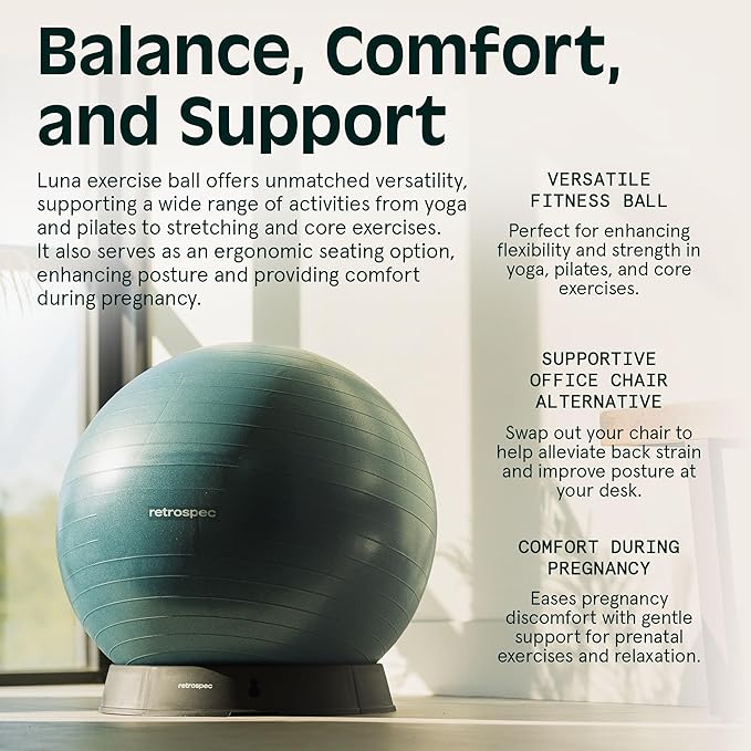Retrospec Luna Exercise Ball, Base & Pump/Ball & Pump with Anti-Burst Material - Fitness Gym Swiss Ball - Perfect for Balance, Stability, Yoga, Pilates, Pregnancy & Birthing