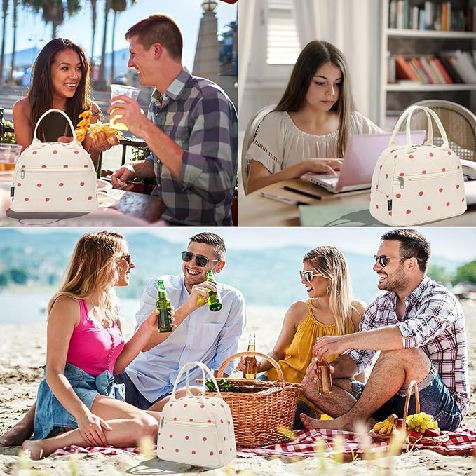 FlowFly Insulated Lunch Bag for Women – Corduroy Lunch Tote Box, Cute Cooler Bag for Work, Travel, Picnic, Corduroy Strawberries Beige