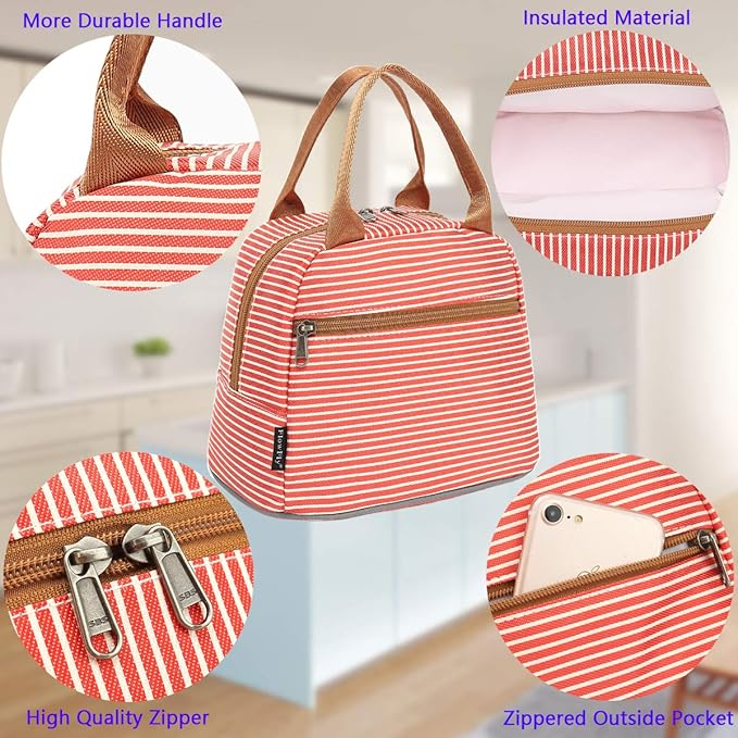 FlowFly Insulated Lunch Cooler Bag - Tote Bag Organizer for Women/Men, Red#Stripes