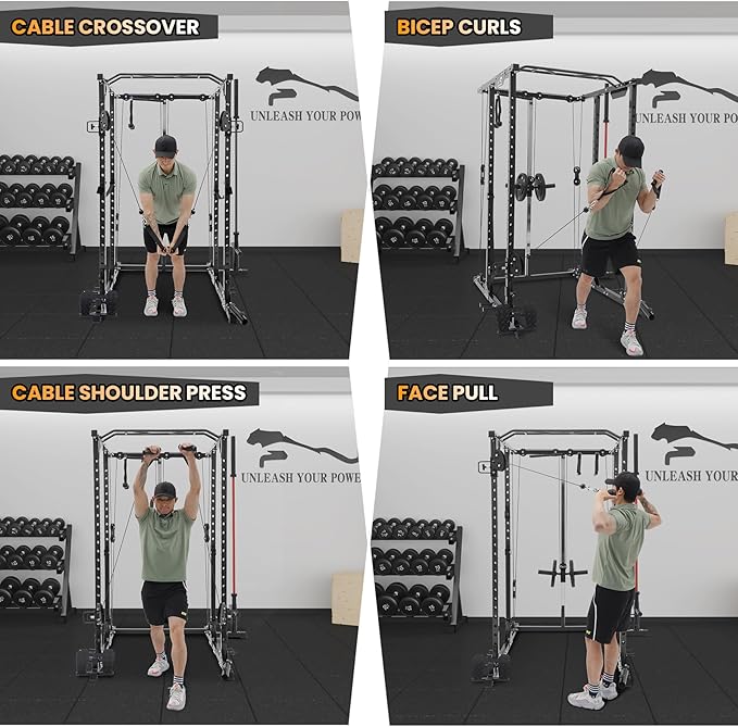 GaveeLife Power Cage, 2000 LBS Power Rack with Cable Cross-Over System, Multi-Functional Strength Training Squat Rack with LAT Pull Down System, Home Gym Equipment with Training Attachment, Red