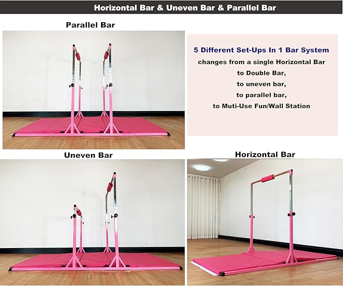 Gymnastics Double Horizontal Bars 3Play Parallel Bars Uneven Bars Gymnastics Training Kip Bar with 304 Stainless Steel Regulating Arms & Fiberglass Rail for Indoor Outdoor Home Club Use
