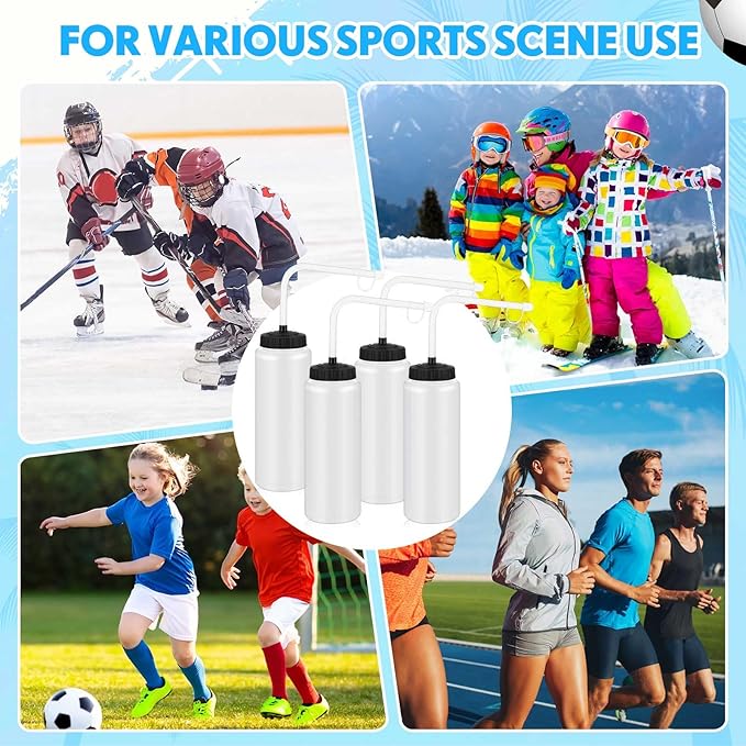 Domensi 2 Pack 1 Liter Sports Water Bottle with Long Straw Hockey Lacrosse 34 Oz Water Bottle Easy Squeeze Plastic Use with Sport Helmet in Football Baseball(Black,No Printed)