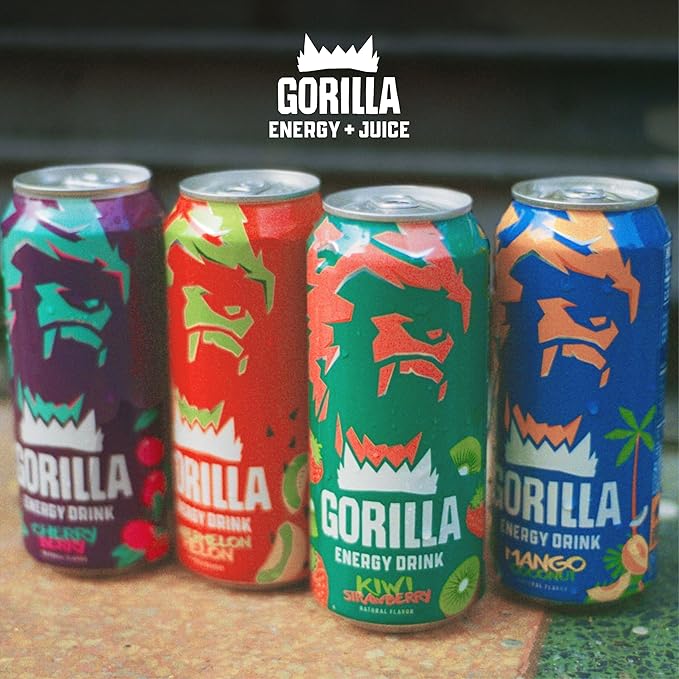 Gorilla Energy Drink, Watermelon Melon, 200mg Natural Caffeine, Real Fruit Juice Squeezed & Concentrated, L-Theanine, Taurine, Ginseng, Acetyl L-Carnitine, No Added Sugar and No Artificial Colors, 12 Pack