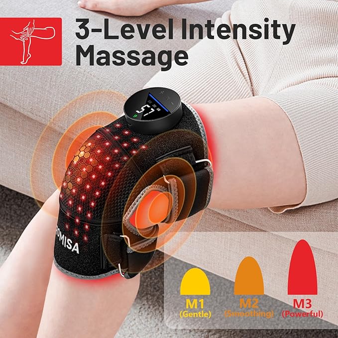 Red Light Therapy Knee Brace&Vibration Knee Massage for Pain Relief, 660nm&850nm Rechargeable Near Infrared Light Therapy Device for Knee/Elbow/Shoulder Faster Recovery for Cordless Use