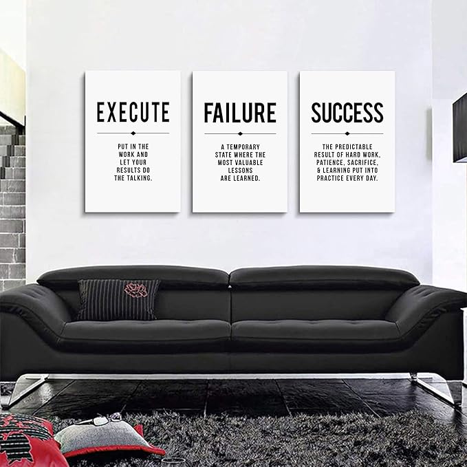 Framed Canvas Wall Art Success Quote, Office Wall Art, Black Large Poster, Positive Motivational Set of 3 Prints, Execute Failure Success Poster, Inspirational Print (D-3pcs,16x24inchx3pcs)